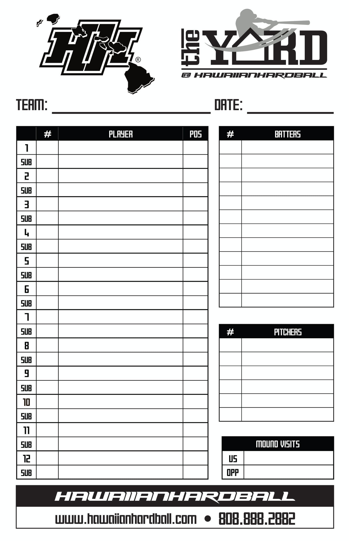 HAWAIIANHARDBALL BASEBALL/SOFTBALL 4-PART LINEUP CARDS