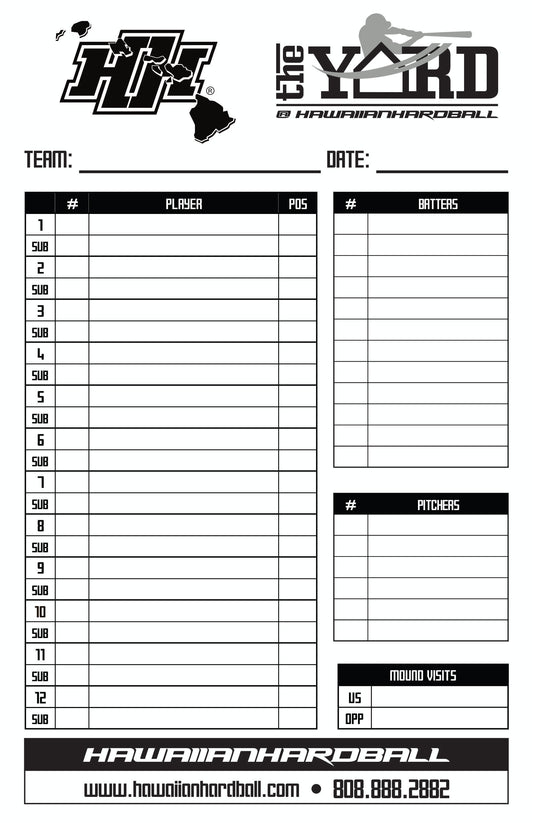 HAWAIIANHARDBALL BASEBALL/SOFTBALL 4-PART LINEUP CARDS