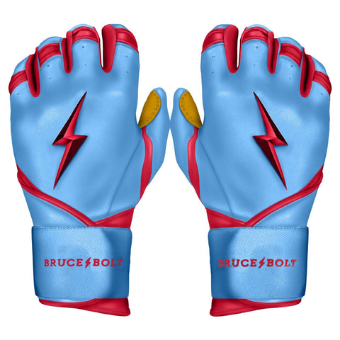 BRUCE BOLT YOUTH PREMIUM PRO BADER SERIES LONG CUFF BATTING GLOVES | BABY BLUE